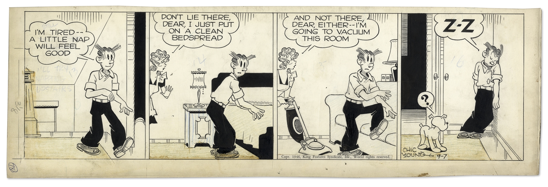 Chic Young Hand-Drawn ''Blondie'' Comic Strip From 1946 Titled ''Standing Room Only''