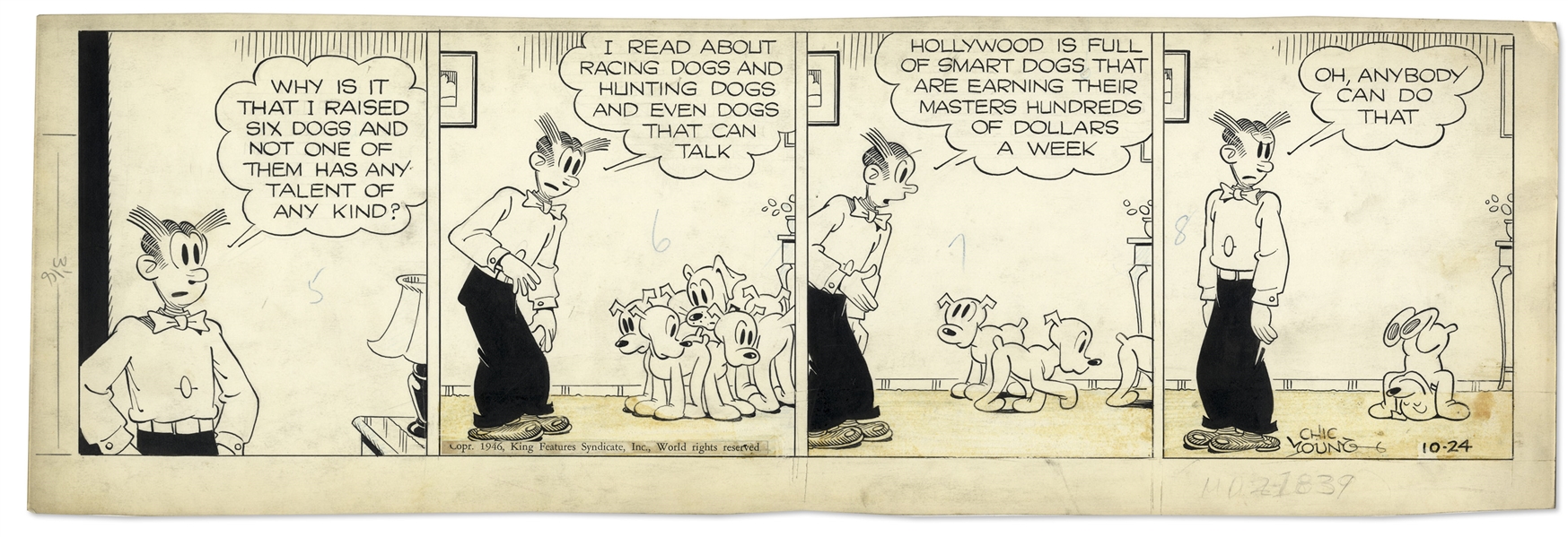 Chic Young Hand-Drawn ''Blondie'' Comic Strip From 1946 Titled ''But It Takes Practice!'' -- Featuring Daisy & Her Puppies