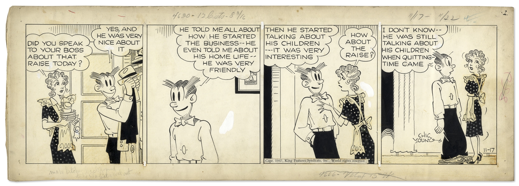 Chic Young Hand-Drawn ''Blondie'' Comic Strip From 1947 Titled ''But Money Talks!''