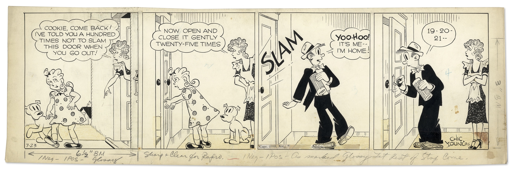 Chic Young Hand-Drawn ''Blondie'' Comic Strip From 1948 Titled ''What's Good For The Gosling!''
