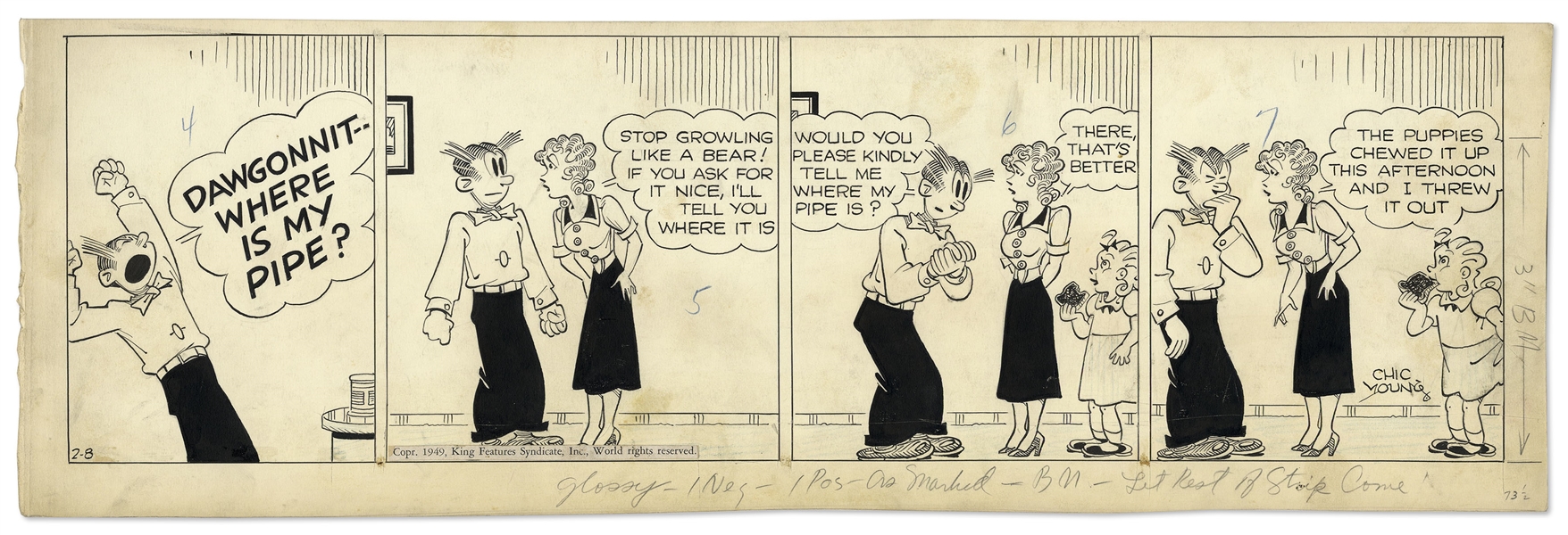 Chic Young Hand-Drawn ''Blondie'' Comic Strip From 1949 Titled ''Is He Smoking!!''