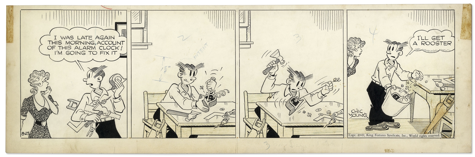 Chic Young Hand-Drawn ''Blondie'' Comic Strip From 1949 Titled ''Reveille!''