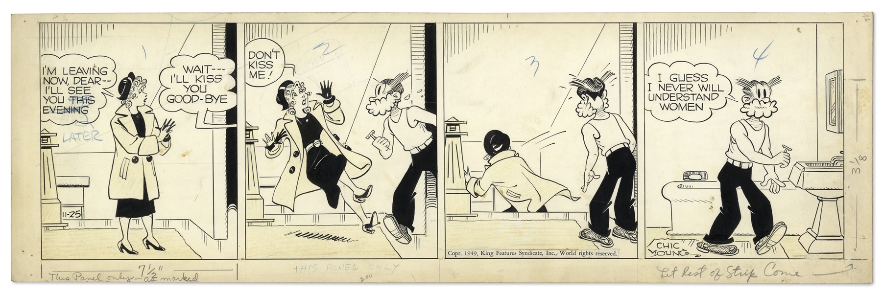Chic Young Hand-Drawn ''Blondie'' Comic Strip From 1949 Titled ''No Soap!''