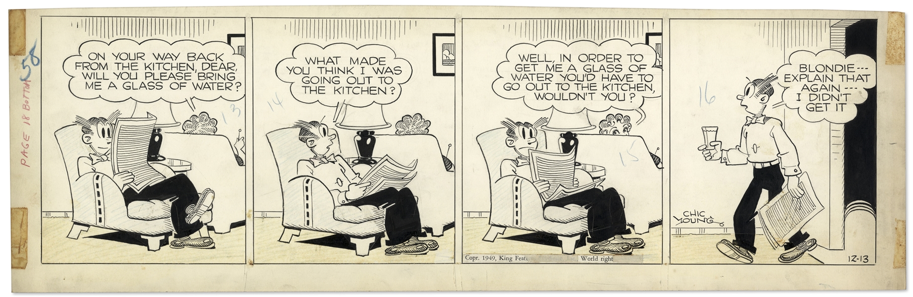 Chic Young Hand-Drawn ''Blondie'' Comic Strip From 1949 Titled ''That's Water Under The Bridge, Dear!''