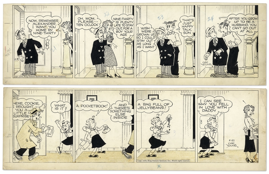 2 Chic Young Hand-Drawn ''Blondie'' Comic Strips From 1950 Titled ''Just Between Fellers'' and ''The Candy Kid''
