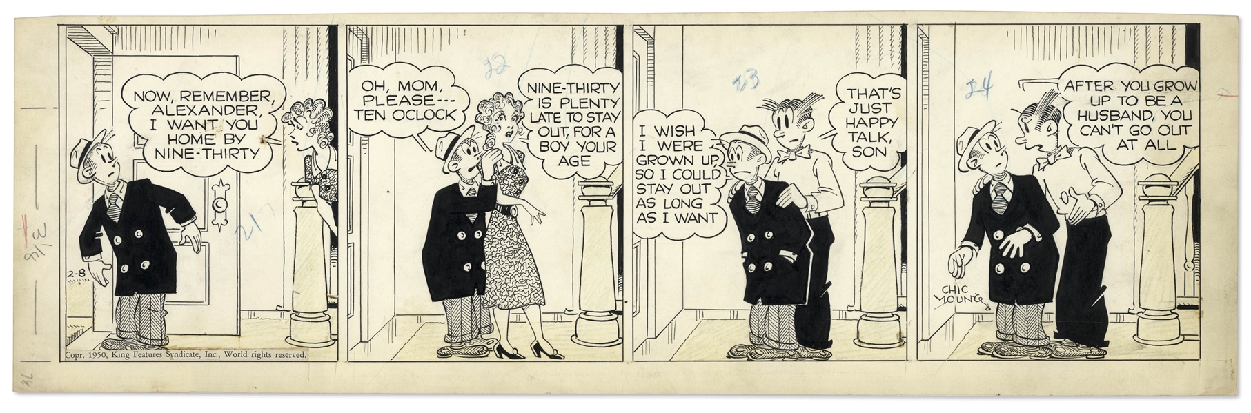 2 Chic Young Hand-Drawn ''Blondie'' Comic Strips From 1950 Titled ''Just Between Fellers'' and ''The Candy Kid''