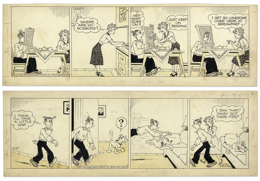 2 Chic Young Hand-Drawn ''Blondie'' Comic Strips From 1950 Titled ''Practically A Grass Window'' and ''She's No Lady''