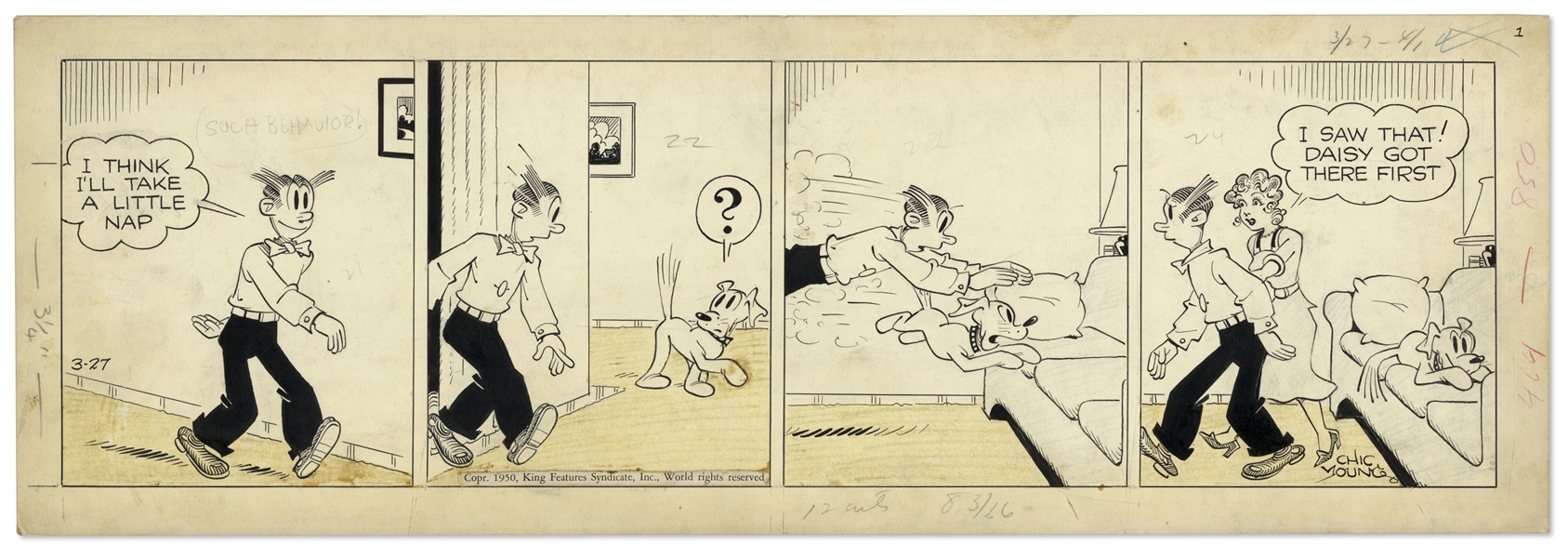 2 Chic Young Hand-Drawn ''Blondie'' Comic Strips From 1950 Titled ''Practically A Grass Window'' and ''She's No Lady''