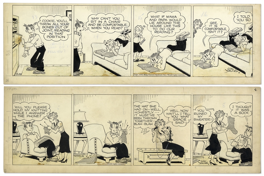 2 Chic Young Hand-Drawn ''Blondie'' Comic Strips From 1950 Titled ''A Reformer Reformed'' and ''Aged In The Wool''