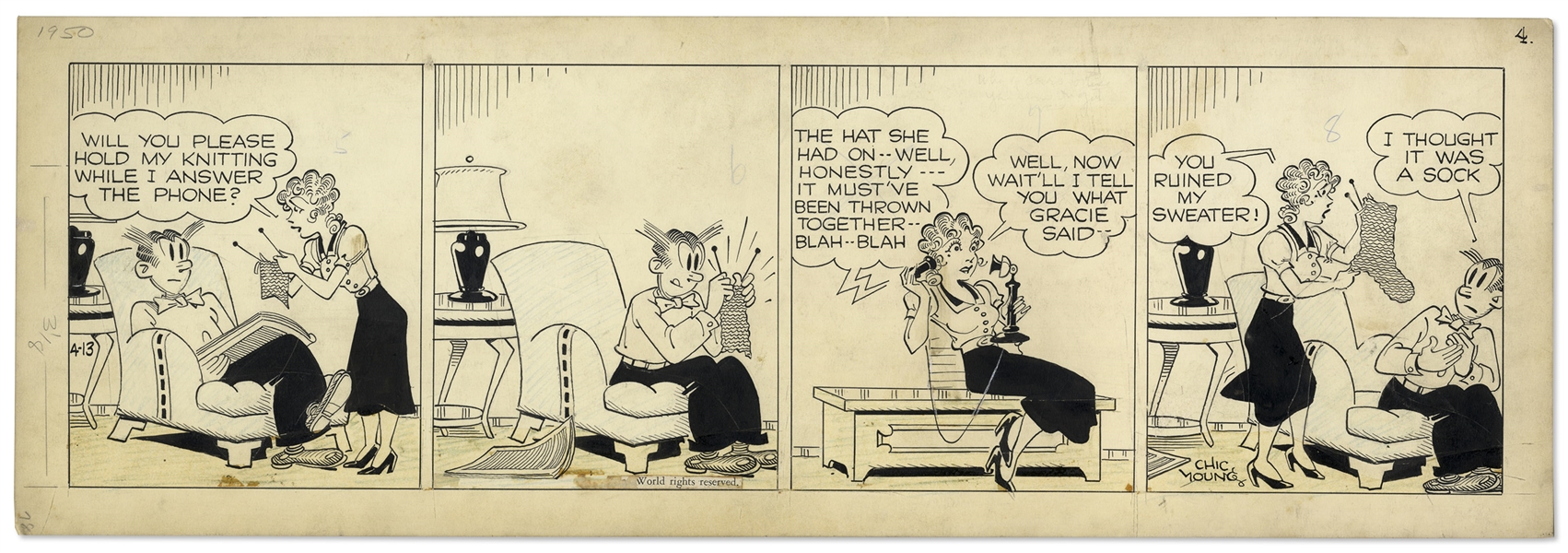 2 Chic Young Hand-Drawn ''Blondie'' Comic Strips From 1950 Titled ''A Reformer Reformed'' and ''Aged In The Wool''