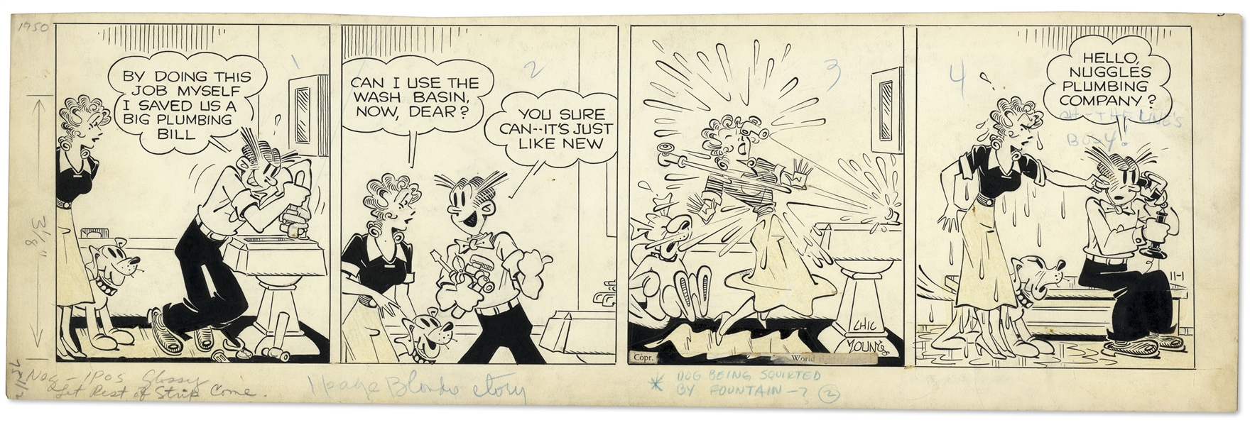 2 Chic Young Hand-Drawn ''Blondie'' Comic Strips From 1950 Titled ''Resting On His Laurels'' and ''And It Starts With A Drip''