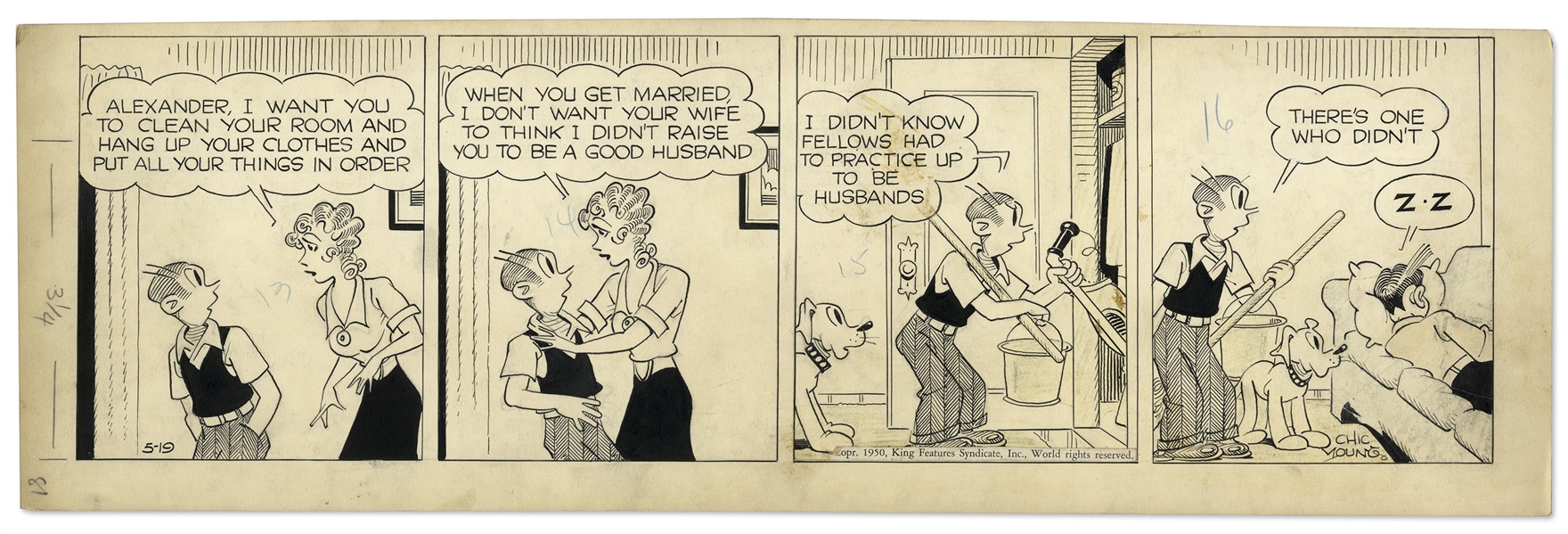 2 Chic Young Hand-Drawn ''Blondie'' Comic Strips From 1950 Titled ''Resting On His Laurels'' and ''And It Starts With A Drip''