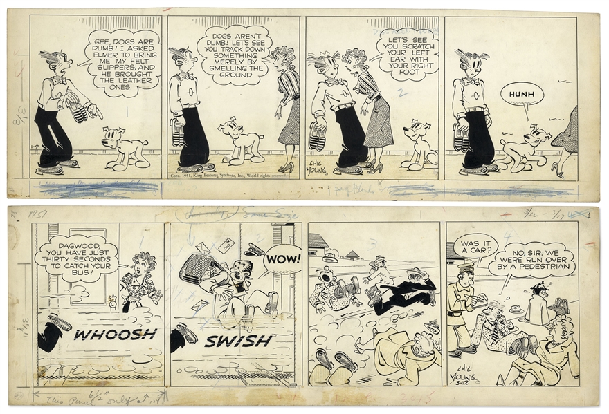 2 Chic Young Hand-Drawn ''Blondie'' Comic Strips From 1951 Titled ''The Mutt's A Genius!'' and ''Hit And Run''
