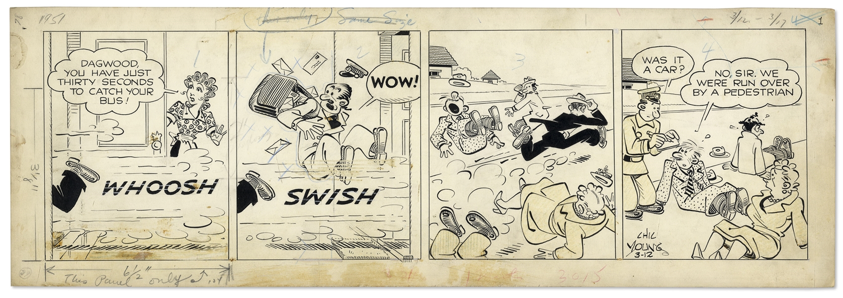2 Chic Young Hand-Drawn ''Blondie'' Comic Strips From 1951 Titled ''The Mutt's A Genius!'' and ''Hit And Run''