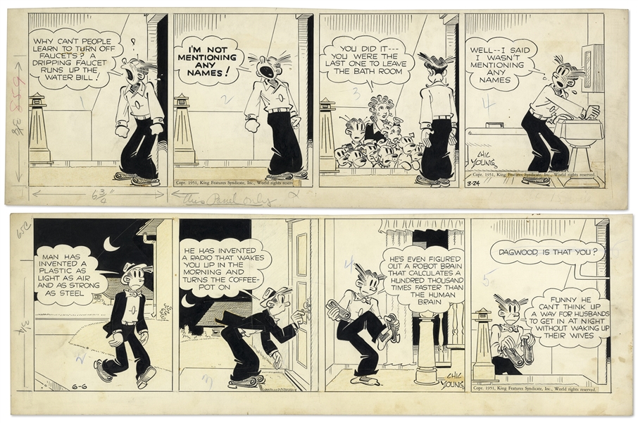 2 Chic Young Hand-Drawn ''Blondie'' Comic Strips From 1951 Titled ''Talking To Himself!'' and ''There Ought To Be A Gadget!''