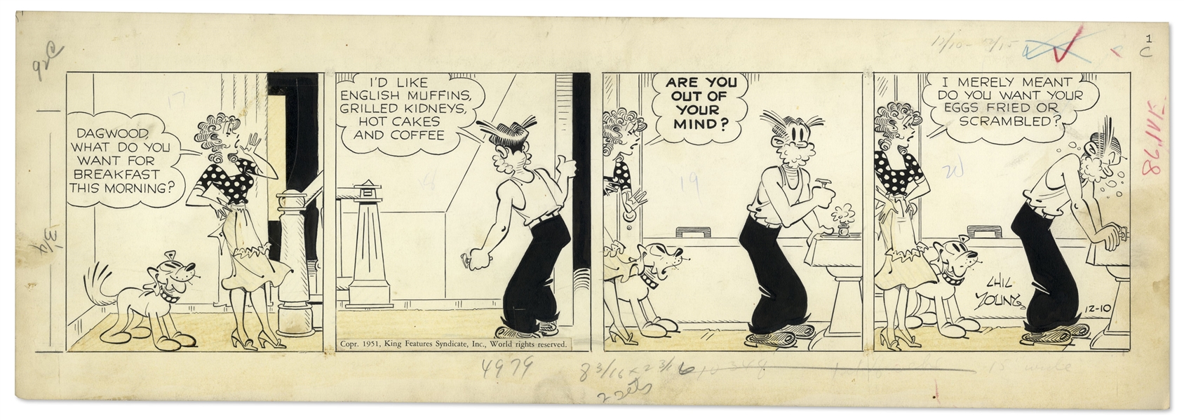 2 Chic Young Hand-Drawn ''Blondie'' Comic Strips From 1951 Titled ''Butterer-Upper!'' and ''How About Boiled?''