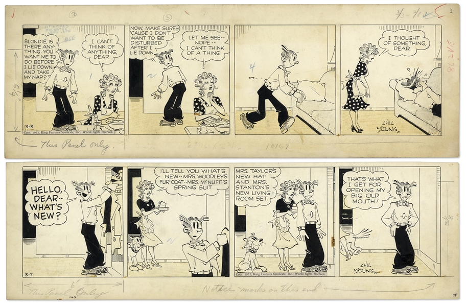 2 Chic Young Hand-Drawn ''Blondie'' Comic Strips From 1952 Titled ''Just Like a Woman'' and ''The Old, Old Story''