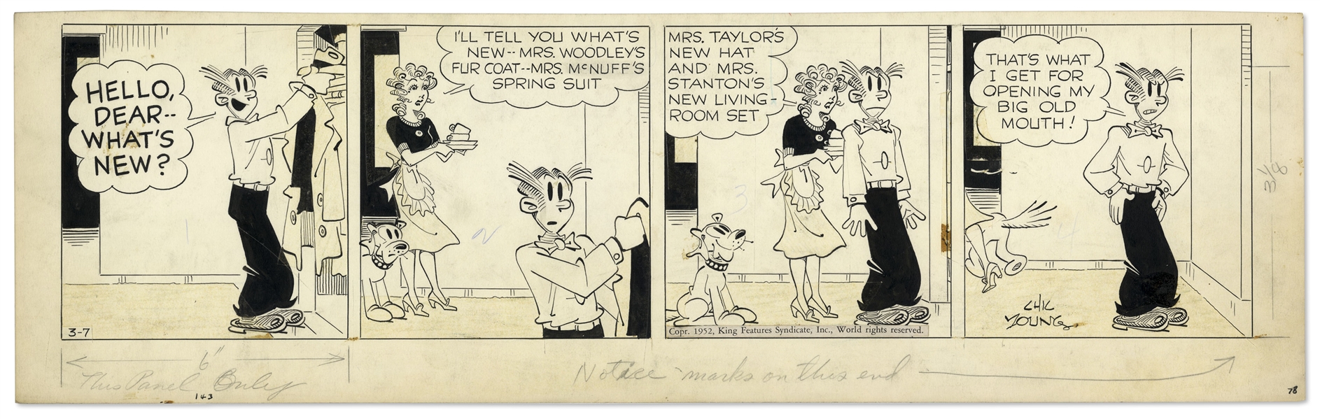 2 Chic Young Hand-Drawn ''Blondie'' Comic Strips From 1952 Titled ''Just Like a Woman'' and ''The Old, Old Story''
