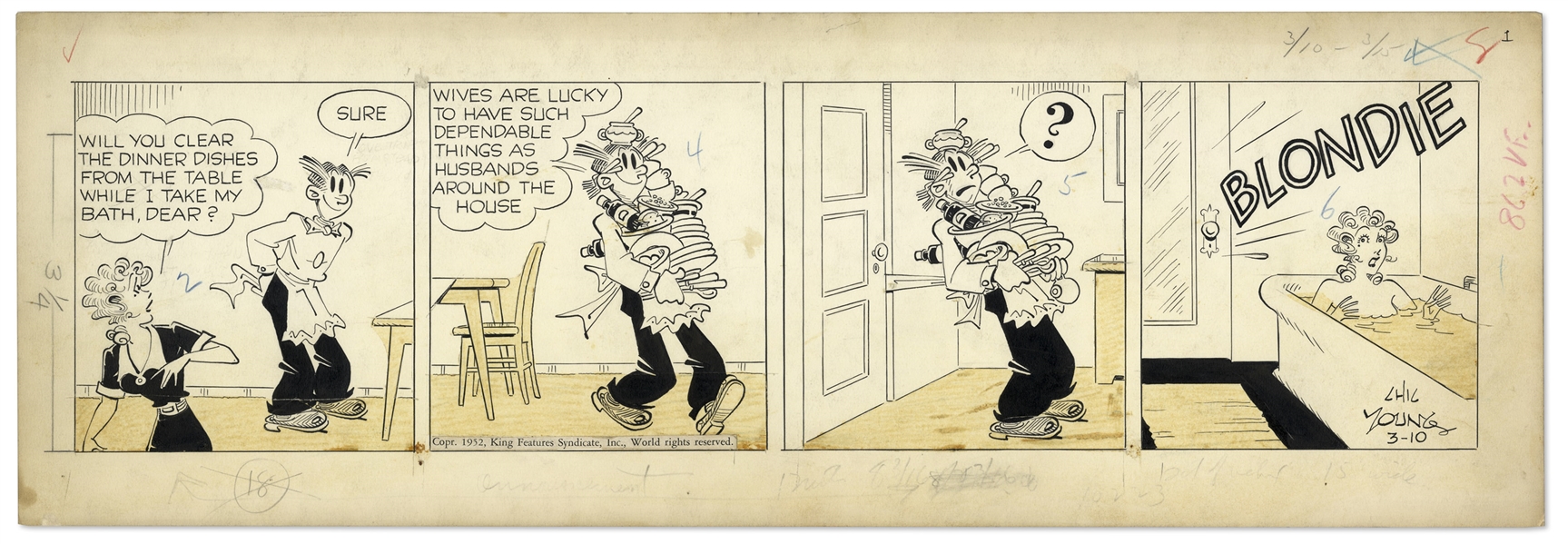 2 Chic Young Hand-Drawn ''Blondie'' Comic Strips From 1952 Titled ''Teammate With No Giddyup'' and ''Second Fiddle!''