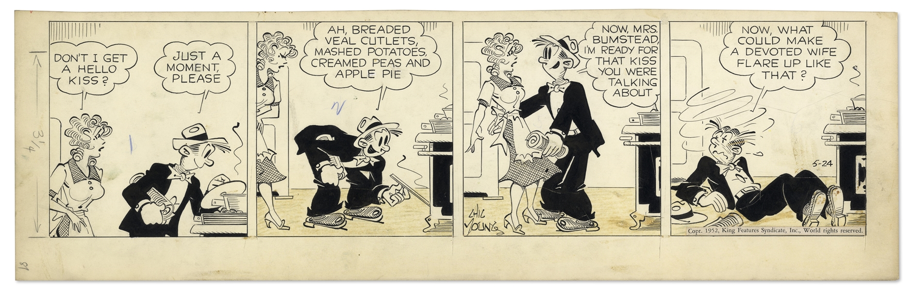 2 Chic Young Hand-Drawn ''Blondie'' Comic Strips From 1952 Titled ''Teammate With No Giddyup'' and ''Second Fiddle!''