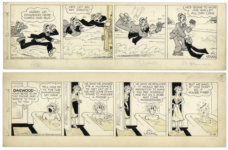 2 Chic Young Hand-Drawn ''Blondie'' Comic Strips From 1952 Titled ''Money Isn't Everything!'' and ''He's the Persuasive Type!''