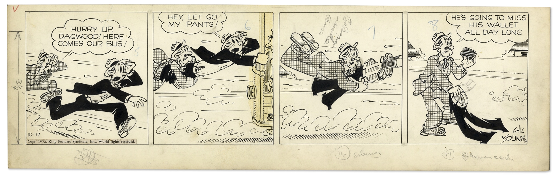 2 Chic Young Hand-Drawn ''Blondie'' Comic Strips From 1952 Titled ''Money Isn't Everything!'' and ''He's the Persuasive Type!''