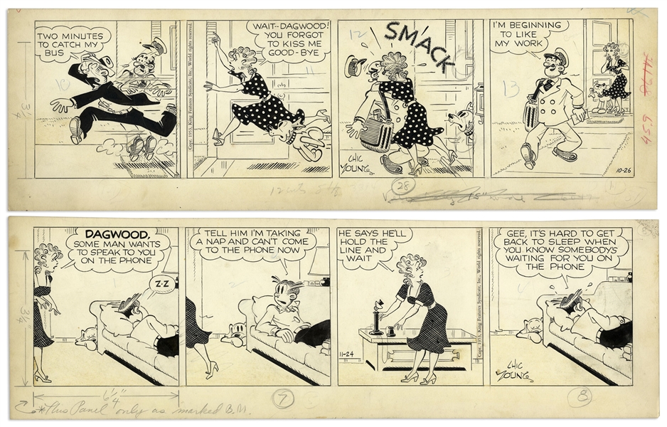 2 Chic Young Hand-Drawn ''Blondie'' Comic Strips From 1953 Titled ''Post Office Is His Favorite Game'' and ''Dagwood Counts Sheep''
