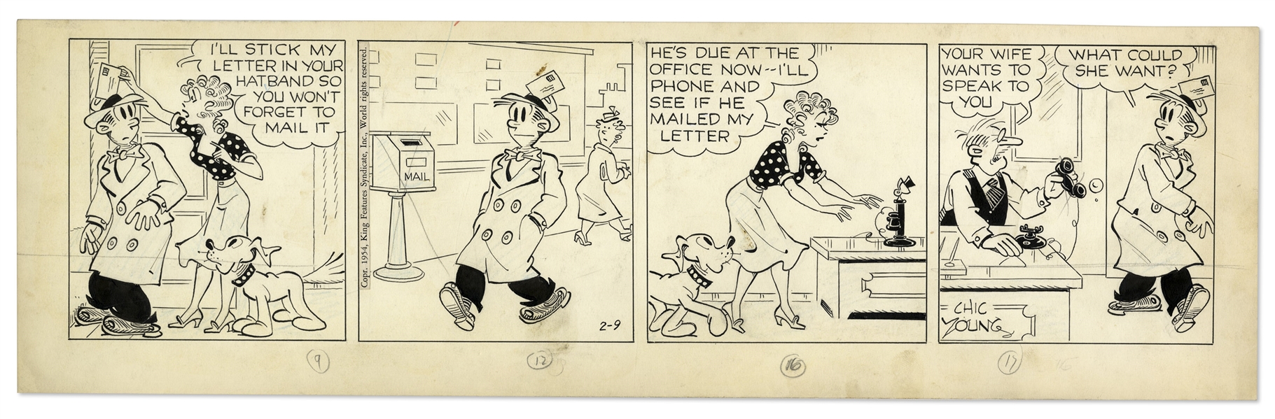 2 Chic Young Hand-Drawn ''Blondie'' Comic Strips From 1953 & 1954 Titled ''It Must Have Been Something He Ate'' and ''Let's Ask Her''