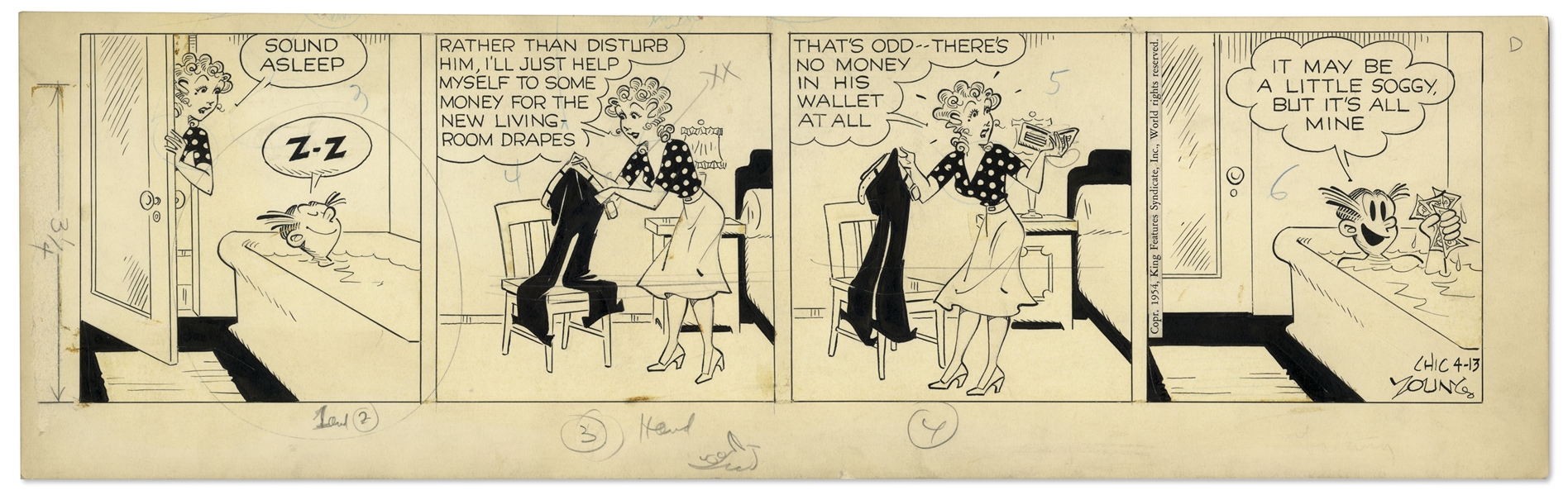 2 Chic Young Hand-Drawn ''Blondie'' Comic Strips From 1954 Titled ''Liquidated Assets'' and ''Sneaking a Review''