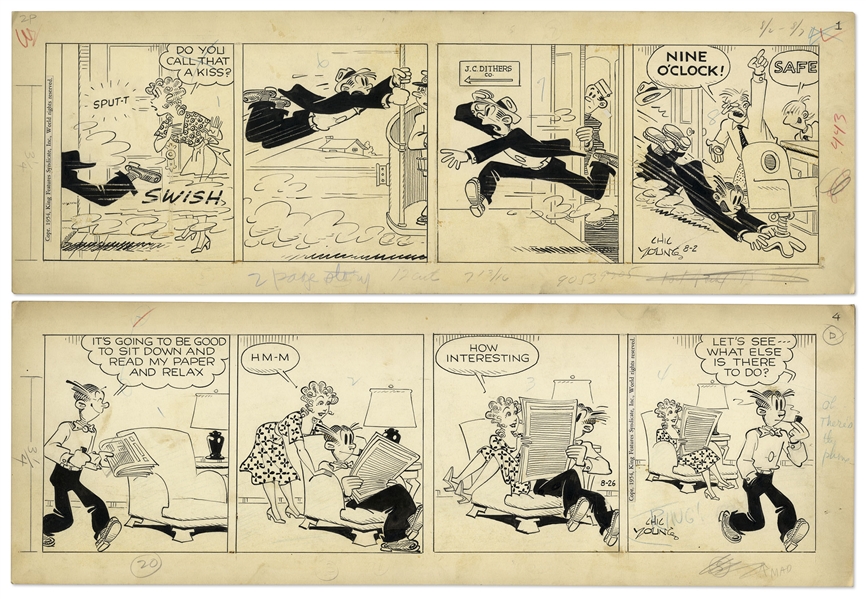 2 Chic Young Hand-Drawn ''Blondie'' Comic Strips From 1954