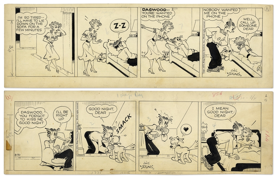 2 Chic Young Hand-Drawn ''Blondie'' Comic Strips From 1954