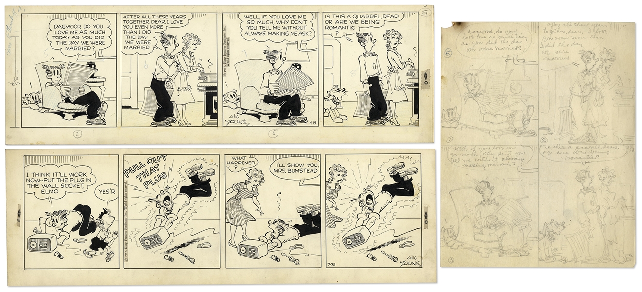 2 Chic Young Hand-Drawn ''Blondie'' Comic Strips From 1957 -- With Chic Young's Original Preliminary Artwork for One