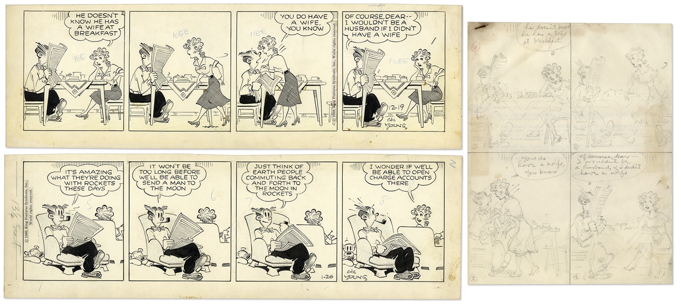 2 Chic Young Hand-Drawn ''Blondie'' Comic Strips From 1959 & 1960 -- With Chic Young's Original Preliminary Artwork for One