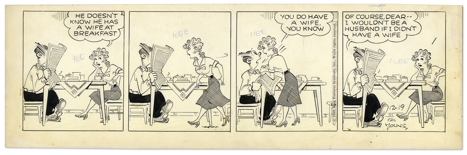 2 Chic Young Hand-Drawn ''Blondie'' Comic Strips From 1959 & 1960 -- With Chic Young's Original Preliminary Artwork for One