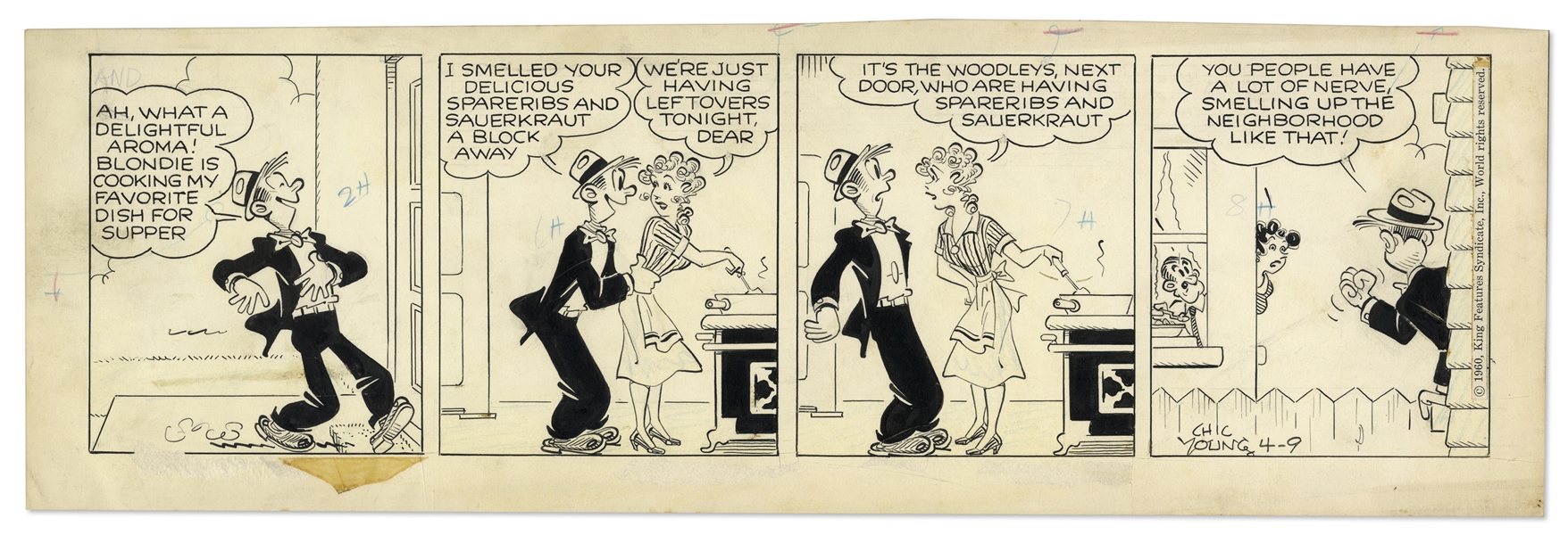 2 Chic Young Hand-Drawn ''Blondie'' Comic Strips From 1960 -- With Chic Young's Original Preliminary Artwork for One