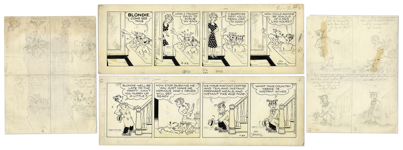 2 Chic Young Hand-Drawn ''Blondie'' Comic Strips From 1960 -- With Chic Young's Original Preliminary Artwork for Both