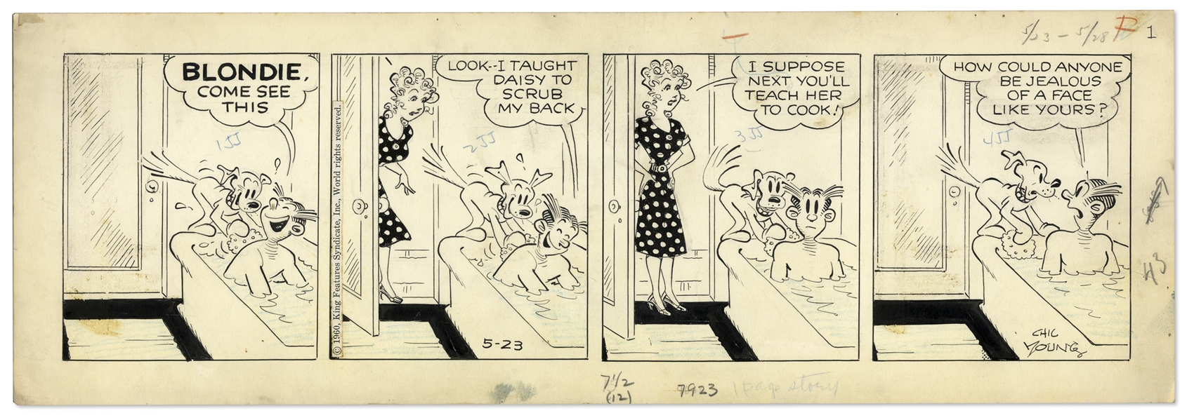 2 Chic Young Hand-Drawn ''Blondie'' Comic Strips From 1960 -- With Chic Young's Original Preliminary Artwork for Both