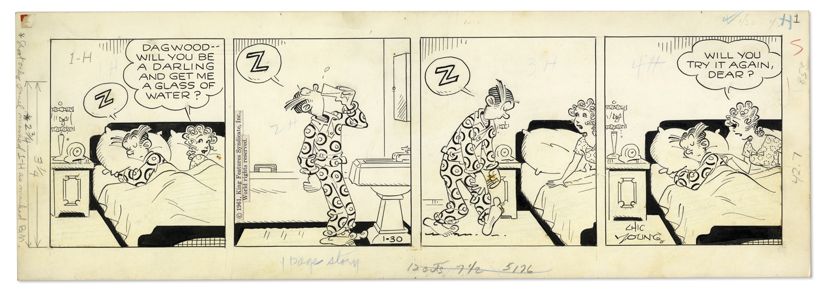 2 Chic Young Hand-Drawn ''Blondie'' Comic Strips From 1961 -- With Chic Young's Original Preliminary Artwork for Both
