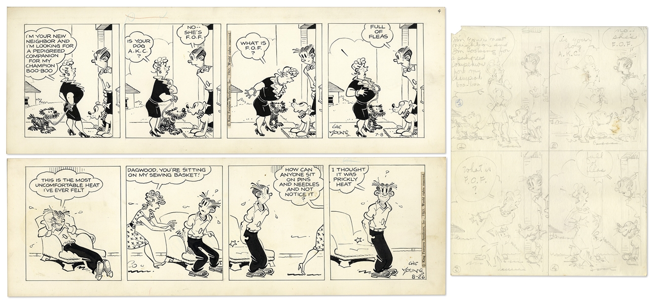 2 Chic Young Hand-Drawn ''Blondie'' Comic Strips From 1965 -- With Chic Young's Original Preliminary Artwork for One
