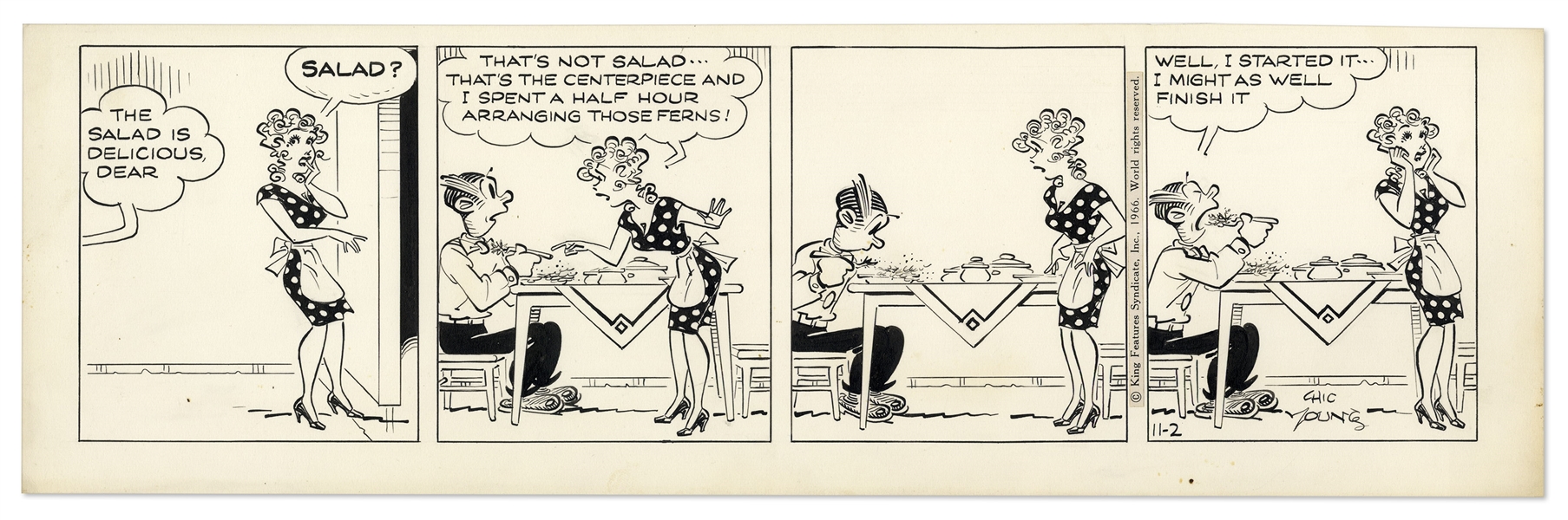 2 Chic Young Hand-Drawn ''Blondie'' Comic Strips From 1966 -- With Chic Young's Original Preliminary Artwork for Both