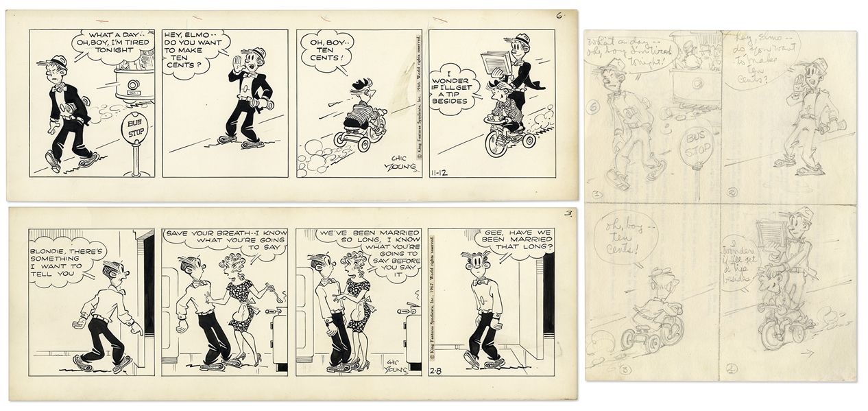 2 Chic Young Hand-Drawn ''Blondie'' Comic Strips & Original Draft Art From 1966 & 1967