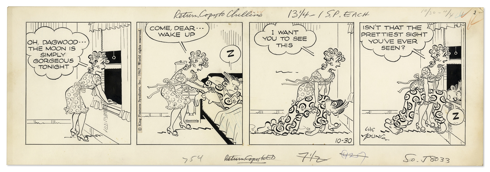 2 Chic Young Hand-Drawn ''Blondie'' Comic Strips From 1967 -- Plus Chic Young's Draft Artwork for Both Strips