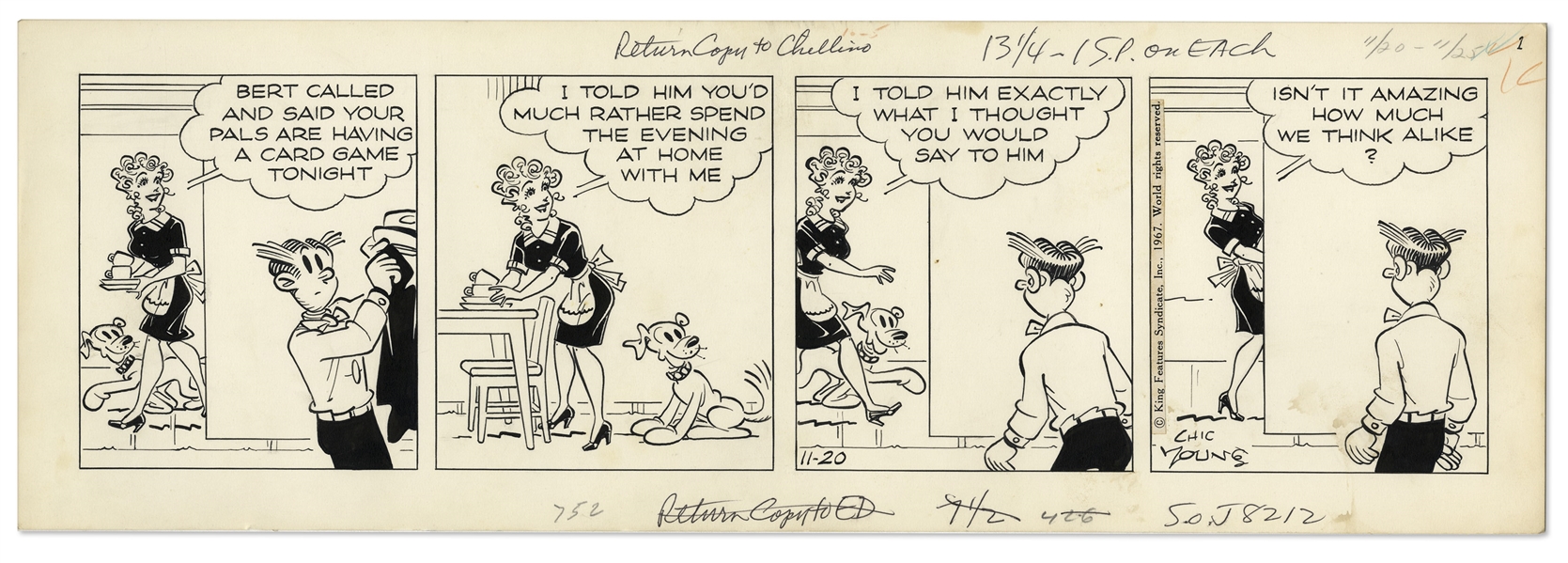 2 Chic Young Hand-Drawn ''Blondie'' Comic Strips From 1967 -- Plus Chic Young's Draft Artwork for Both Strips