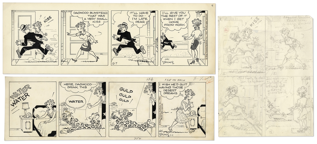 2 Chic Young Hand-Drawn ''Blondie'' Comic Strips From 1967 -- With Chic Young's Original Preliminary Artwork for One