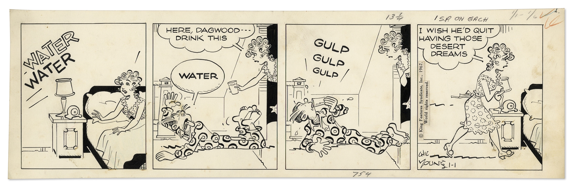 2 Chic Young Hand-Drawn ''Blondie'' Comic Strips From 1967 -- With Chic Young's Original Preliminary Artwork for One