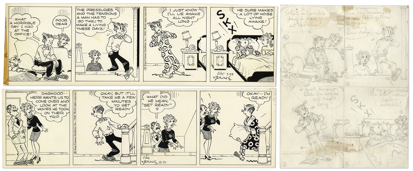 2 Chic Young Hand-Drawn ''Blondie'' Comic Strips From 1968 -- With Chic Young's Original Preliminary Artwork for One