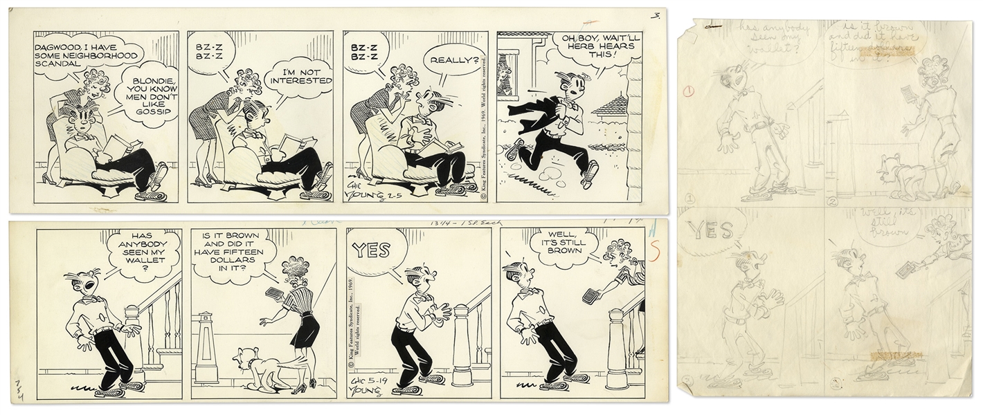 2 Chic Young Hand-Drawn ''Blondie'' Comic Strips From 1969 -- With Chic Young's Original Preliminary Artwork for One