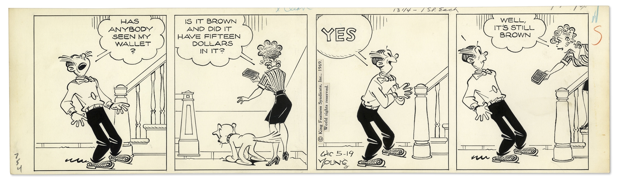 2 Chic Young Hand-Drawn ''Blondie'' Comic Strips From 1969 -- With Chic Young's Original Preliminary Artwork for One