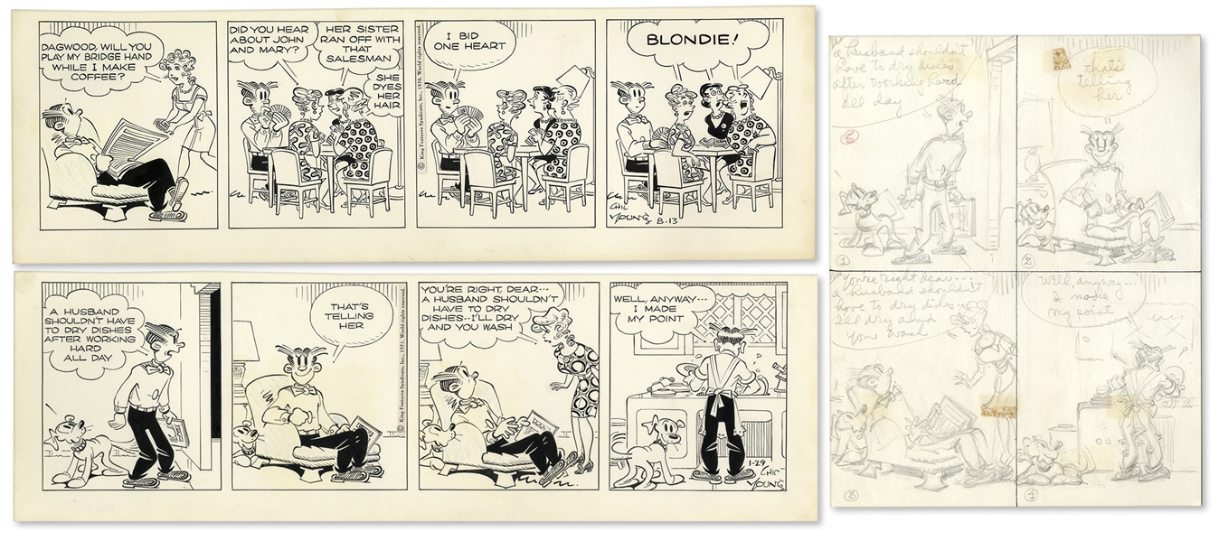 2 Chic Young Hand-Drawn ''Blondie'' Comic Strips From 1970 & 1971 -- With Chic Young's Original Preliminary Artwork for One