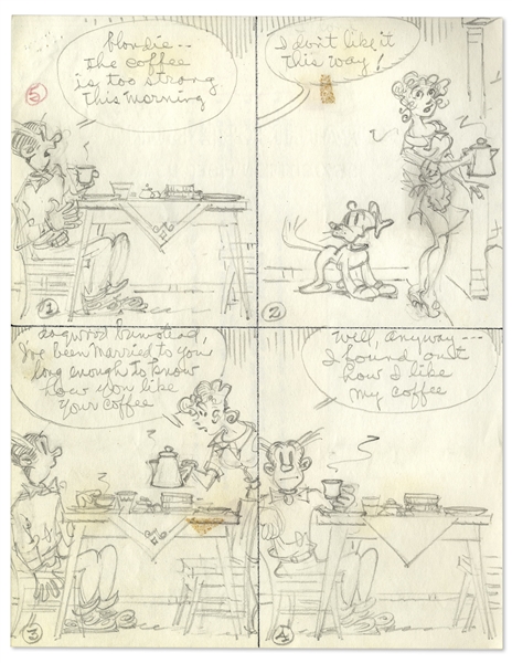 2 Chic Young Hand-Drawn ''Blondie'' Comic Strips From 1971 & 1972 -- With Chic Young's Original Preliminary Artwork For One